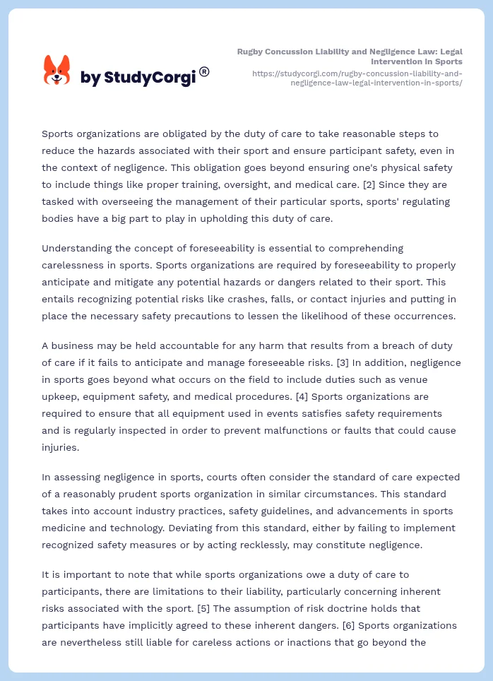 Rugby Concussion Liability and Negligence Law: Legal Intervention in Sports. Page 2