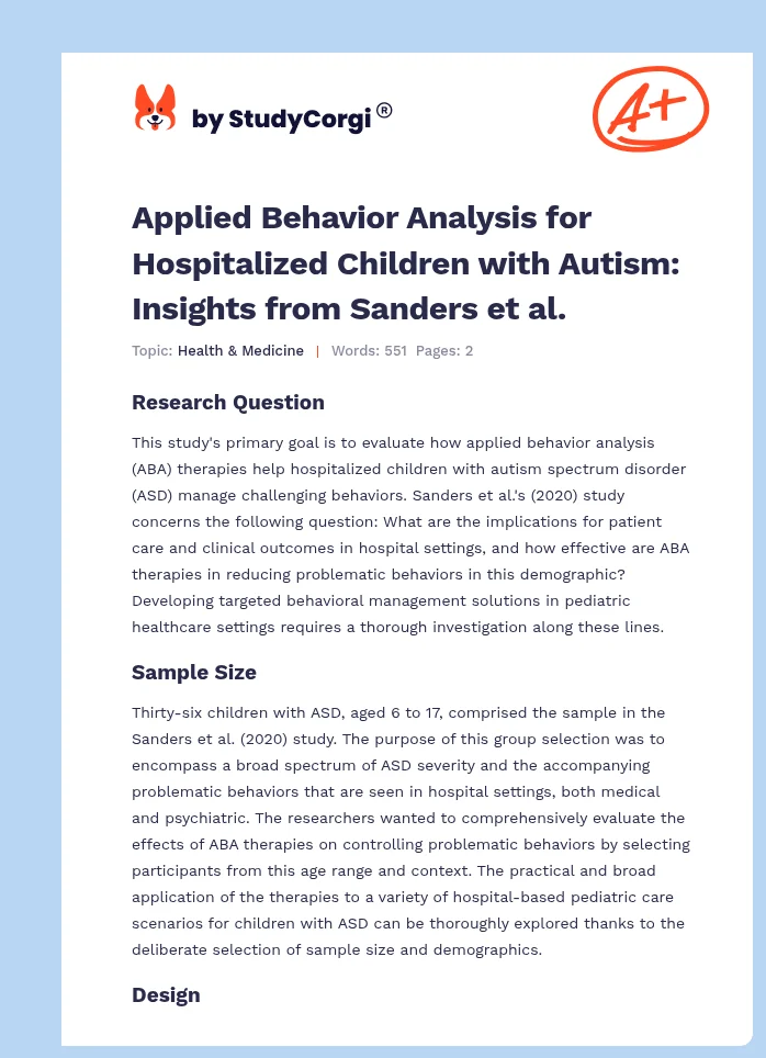 Applied Behavior Analysis for Hospitalized Children with Autism: Insights from Sanders et al.. Page 1