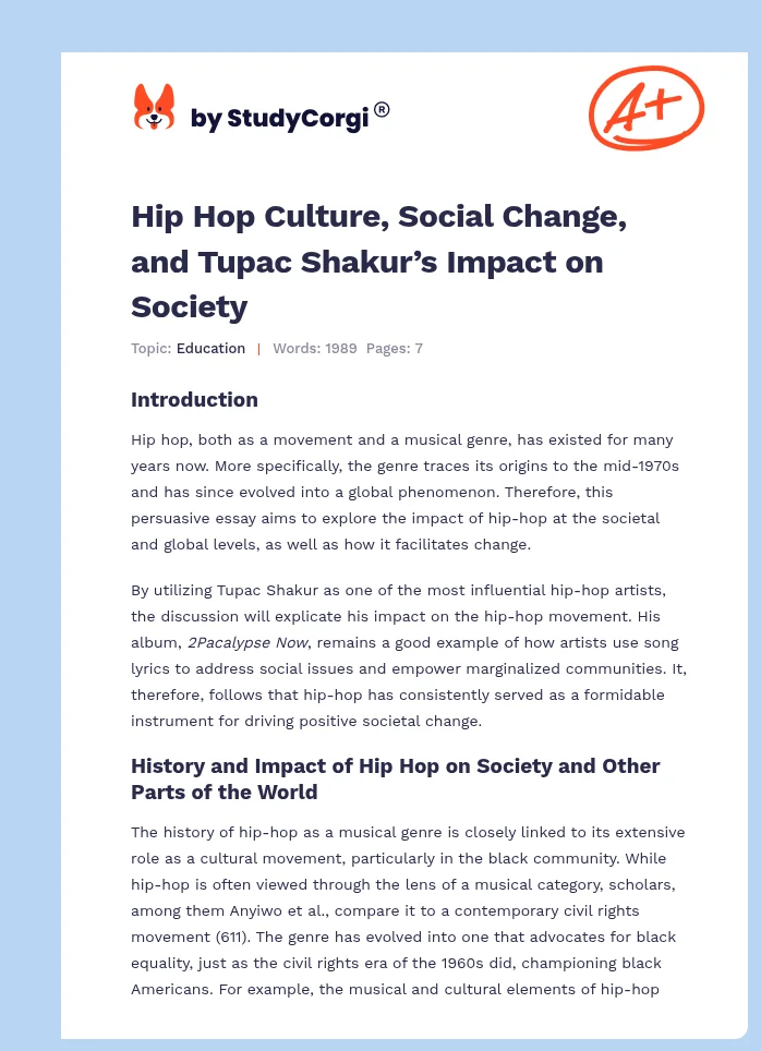 Hip Hop Culture, Social Change, and Tupac Shakur’s Impact on Society. Page 1
