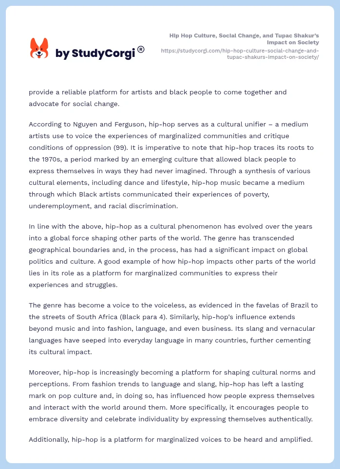Hip Hop Culture, Social Change, and Tupac Shakur’s Impact on Society. Page 2