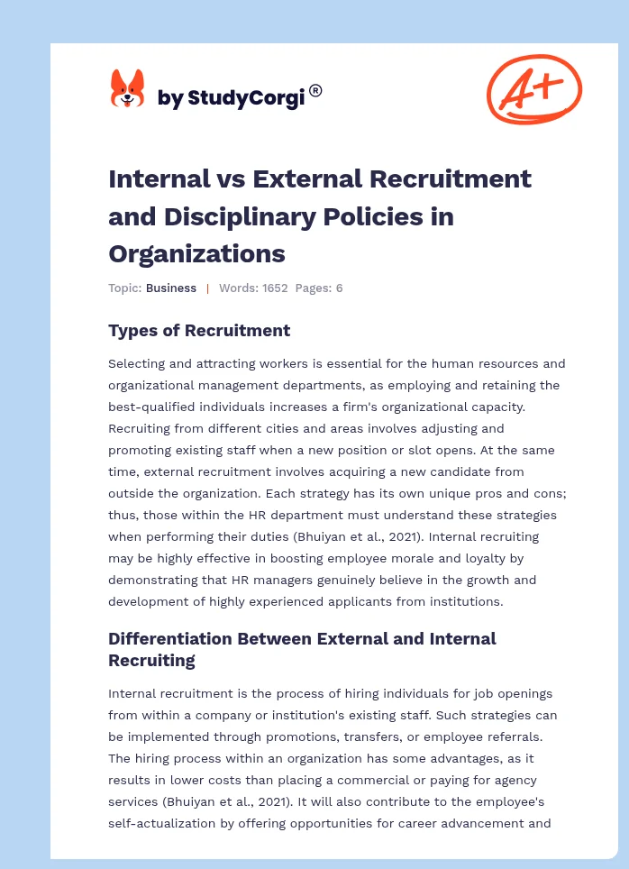 Internal vs External Recruitment and Disciplinary Policies in Organizations. Page 1