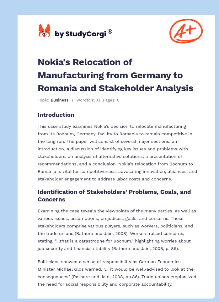 Nokia's Relocation of Manufacturing from Germany to Romania and Stakeholder Analysis. Page 1