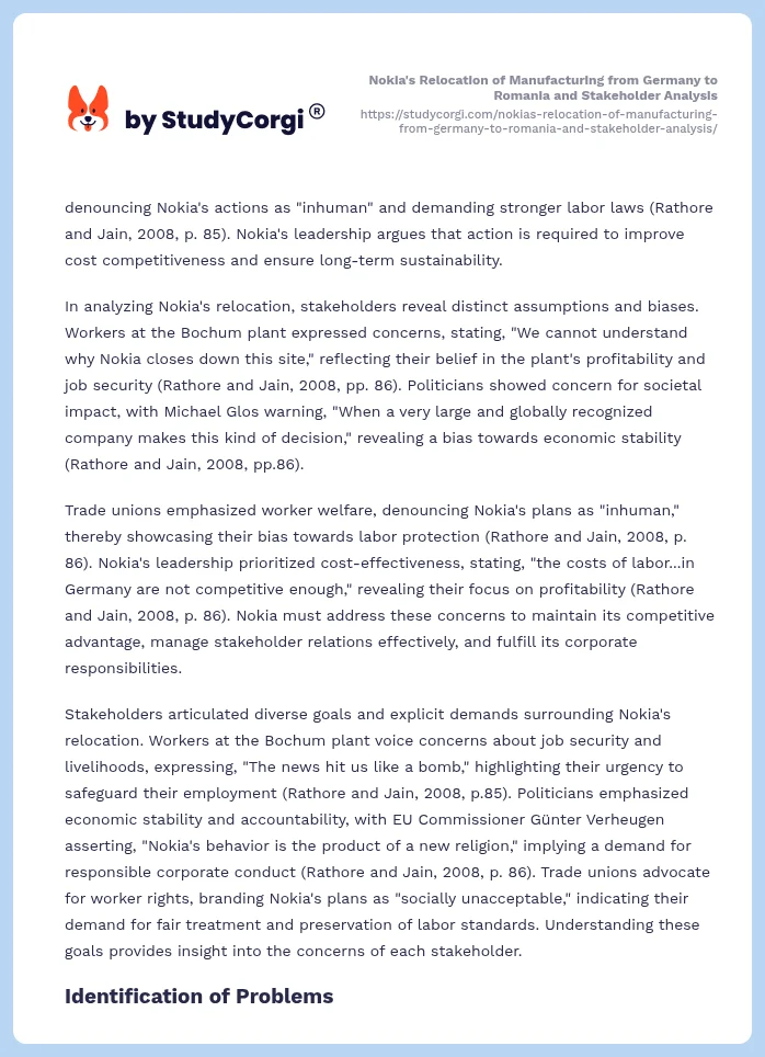 Nokia's Relocation of Manufacturing from Germany to Romania and Stakeholder Analysis. Page 2