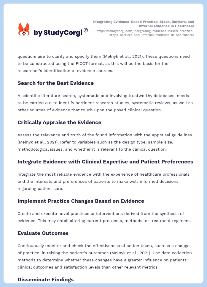 Integrating Evidence-Based Practice: Steps, Barriers, and Internal Evidence in Healthcare. Page 2