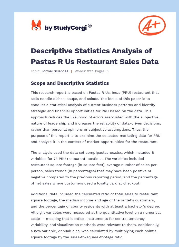 Descriptive Statistics Analysis of Pastas R Us Restaurant Sales Data. Page 1