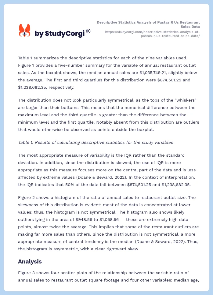 Descriptive Statistics Analysis of Pastas R Us Restaurant Sales Data. Page 2