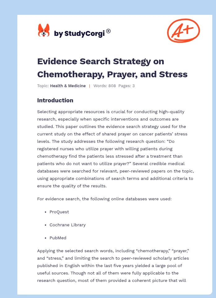Evidence Search Strategy on Chemotherapy, Prayer, and Stress. Page 1