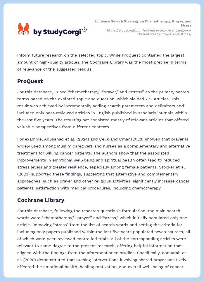 Evidence Search Strategy on Chemotherapy, Prayer, and Stress. Page 2