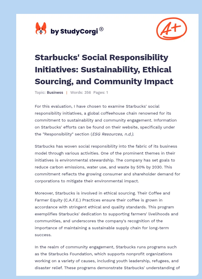 Starbucks' Social Responsibility Initiatives: Sustainability, Ethical Sourcing, and Community Impact. Page 1