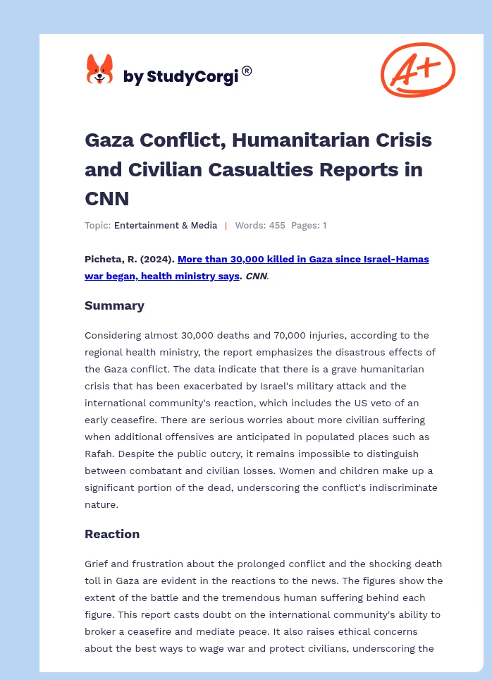 Gaza Conflict, Humanitarian Crisis and Civilian Casualties Reports in CNN. Page 1