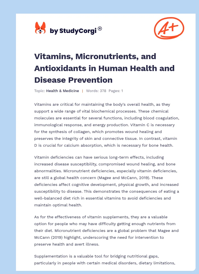 Vitamins, Micronutrients, and Antioxidants in Human Health and Disease Prevention. Page 1