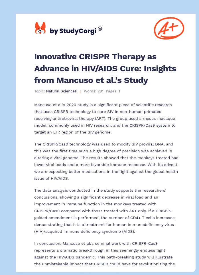 Innovative CRISPR Therapy as Advance in HIV/AIDS Cure: Insights from Mancuso et al.'s Study. Page 1