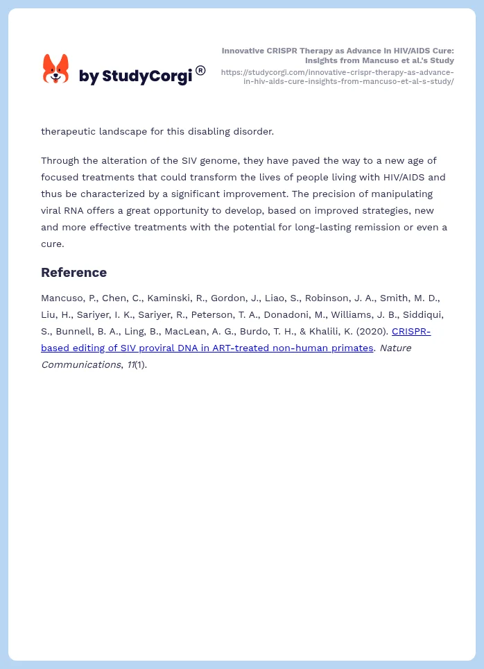 Innovative CRISPR Therapy as Advance in HIV/AIDS Cure: Insights from Mancuso et al.'s Study. Page 2