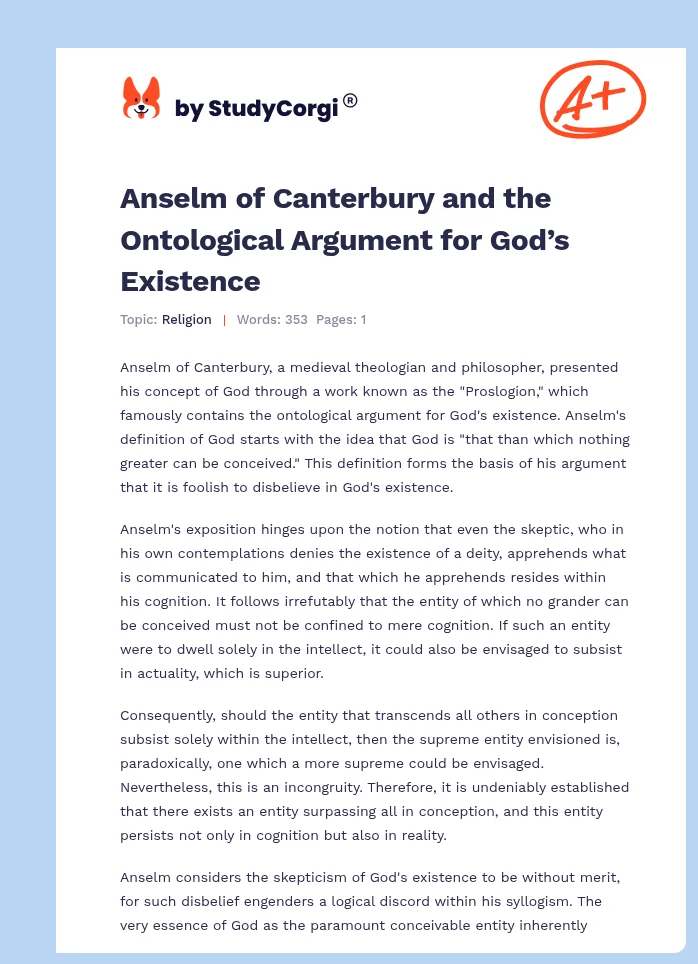 Anselm of Canterbury and the Ontological Argument for God’s Existence. Page 1
