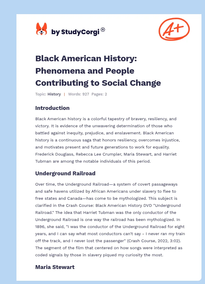 Black American History: Phenomena and People Contributing to Social Change. Page 1