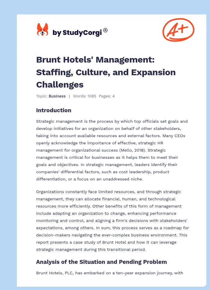 Brunt Hotels' Management: Staffing, Culture, and Expansion Challenges. Page 1