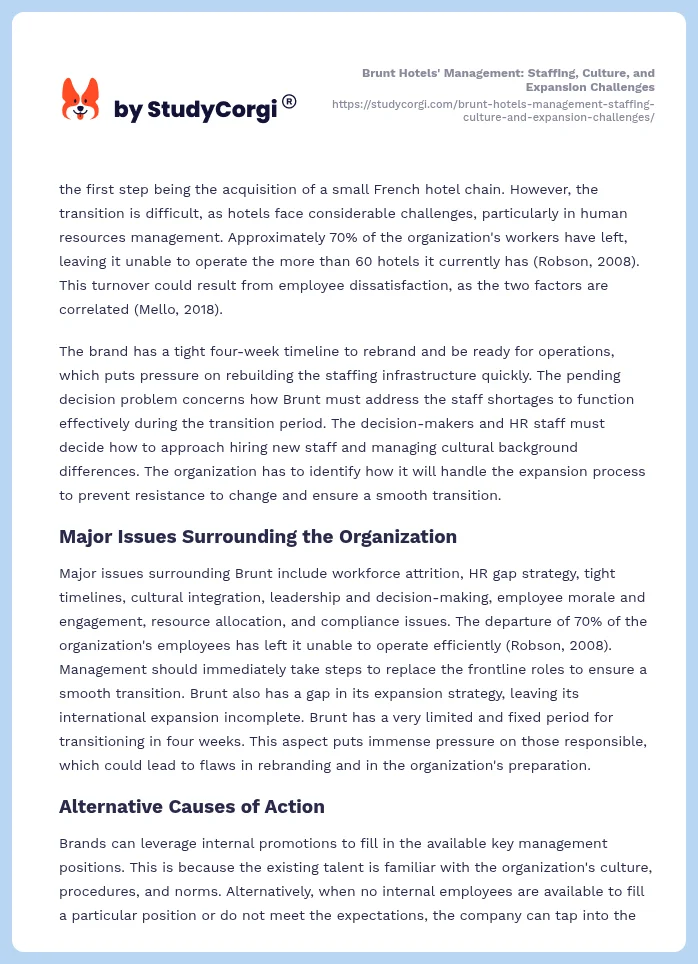 Brunt Hotels' Management: Staffing, Culture, and Expansion Challenges. Page 2