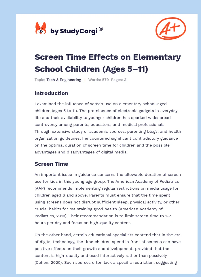 Screen Time Effects on Elementary School Children (Ages 5–11). Page 1