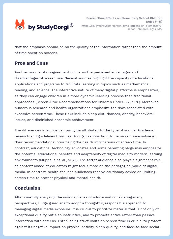 Screen Time Effects on Elementary School Children (Ages 5–11). Page 2