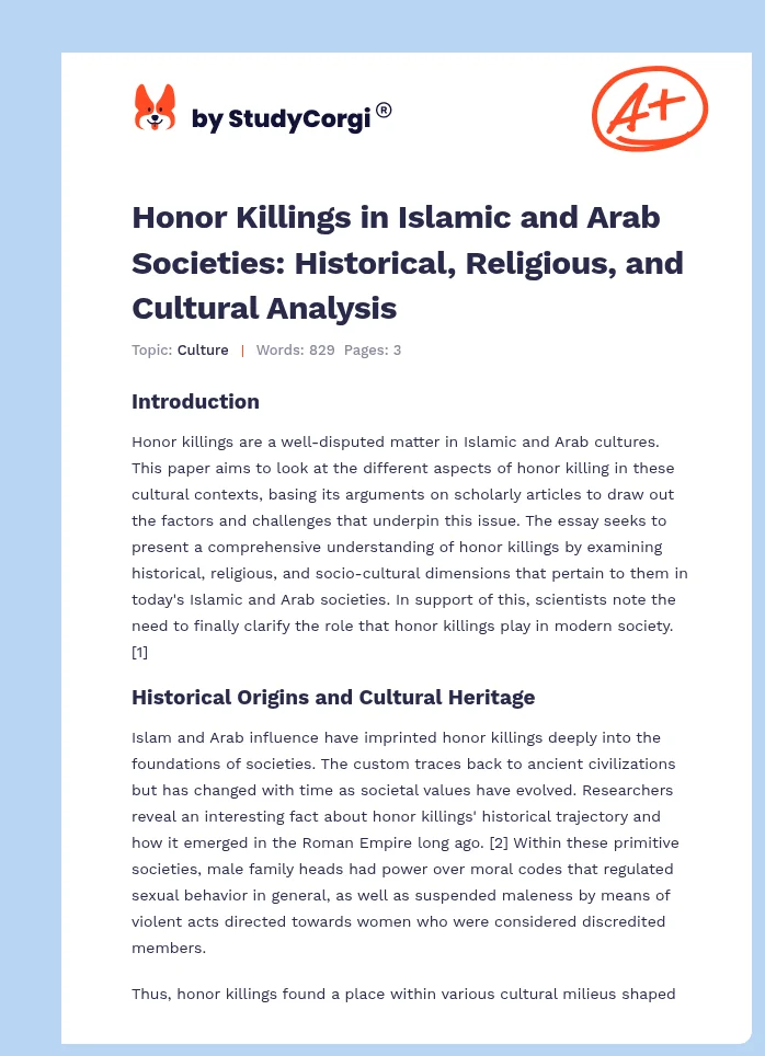 Honor Killings in Islamic and Arab Societies: Historical, Religious, and Cultural Analysis. Page 1