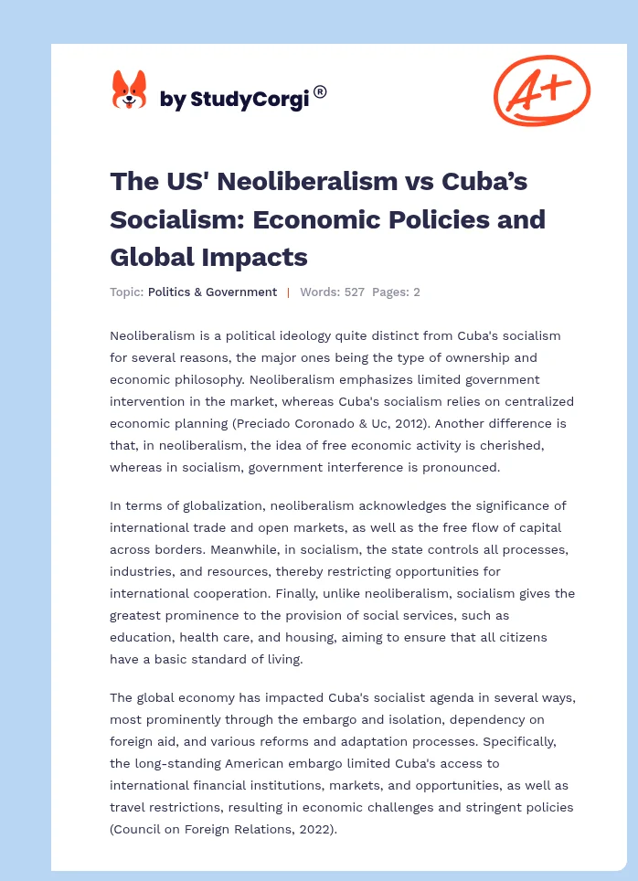 The US' Neoliberalism vs Cuba’s Socialism: Economic Policies and Global Impacts. Page 1