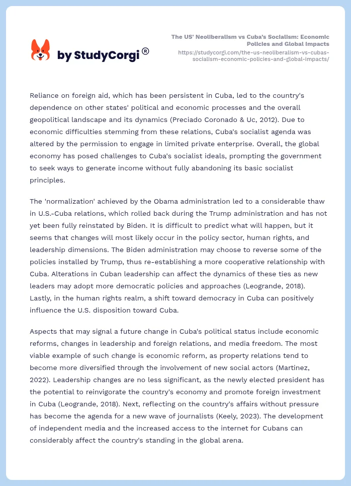 The US' Neoliberalism vs Cuba’s Socialism: Economic Policies and Global Impacts. Page 2