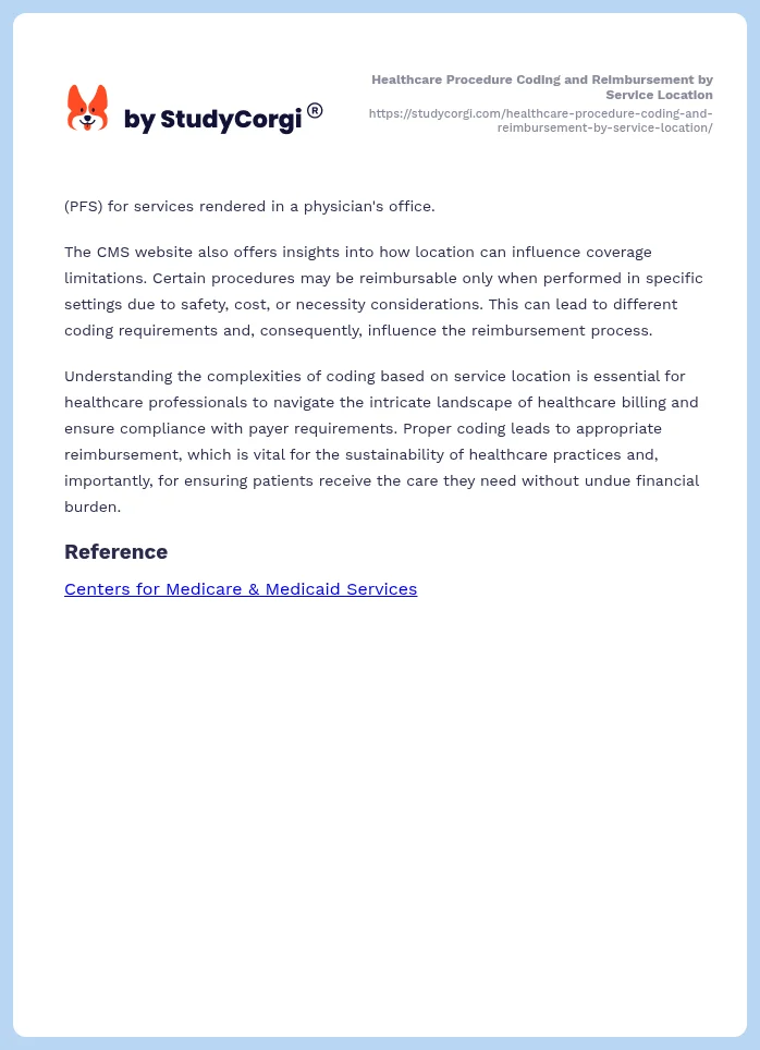 Healthcare Procedure Coding and Reimbursement by Service Location. Page 2