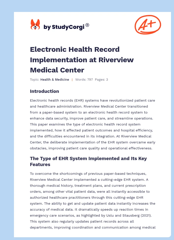 Electronic Health Record Implementation at Riverview Medical Center. Page 1