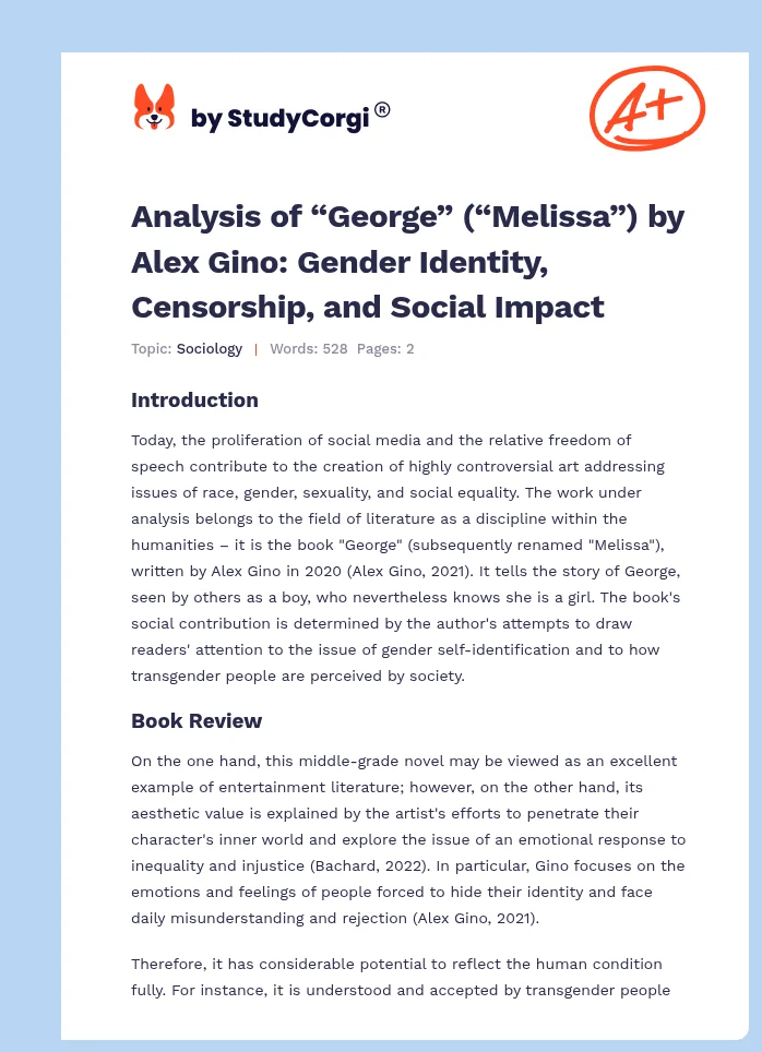 Analysis of “George” (“Melissa”) by Alex Gino: Gender Identity, Censorship, and Social Impact. Page 1