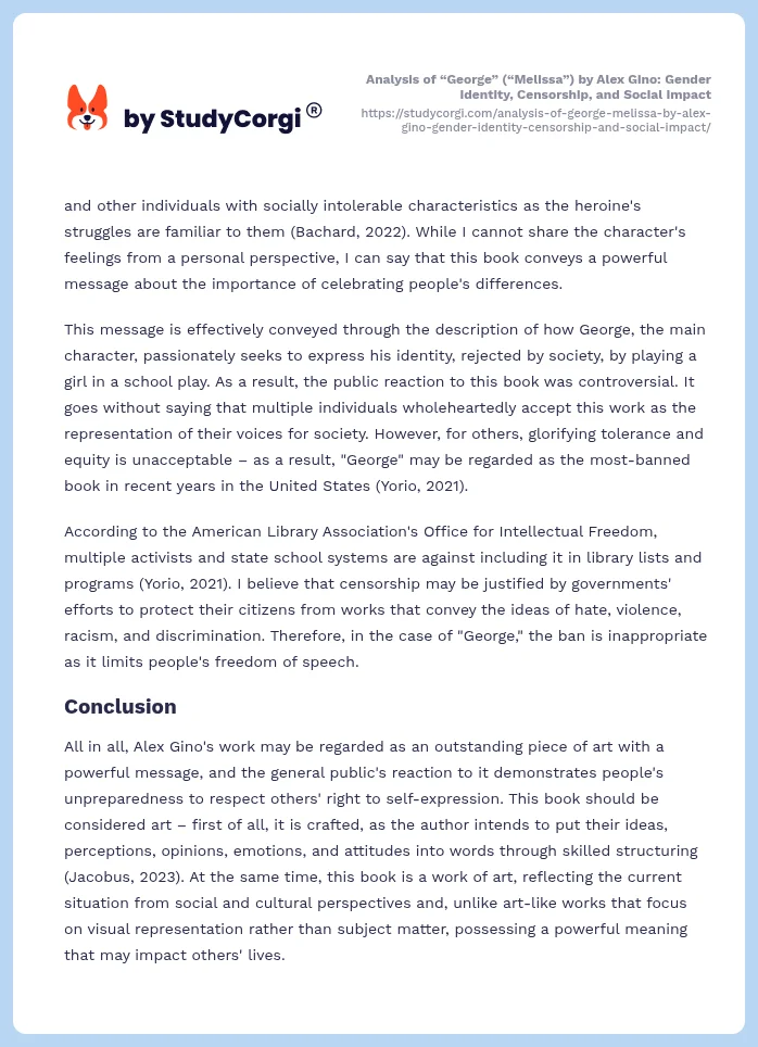 Analysis of “George” (“Melissa”) by Alex Gino: Gender Identity, Censorship, and Social Impact. Page 2