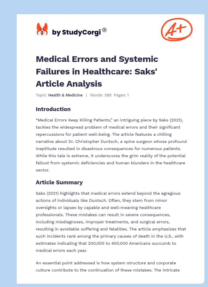 Medical Errors and Systemic Failures in Healthcare: Saks' Article Analysis. Page 1