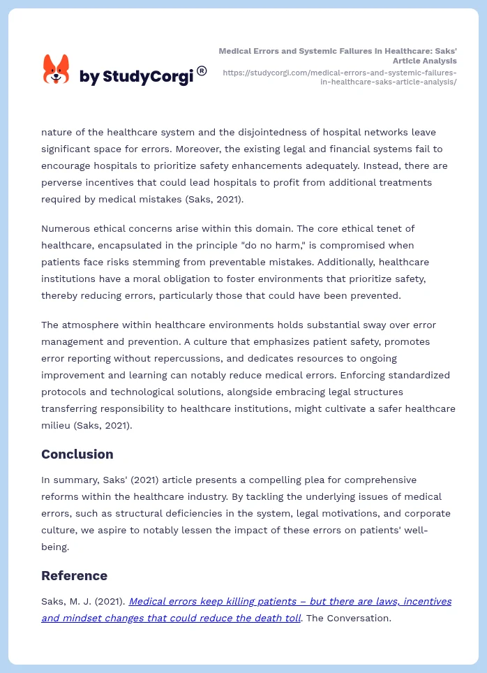 Medical Errors and Systemic Failures in Healthcare: Saks' Article Analysis. Page 2