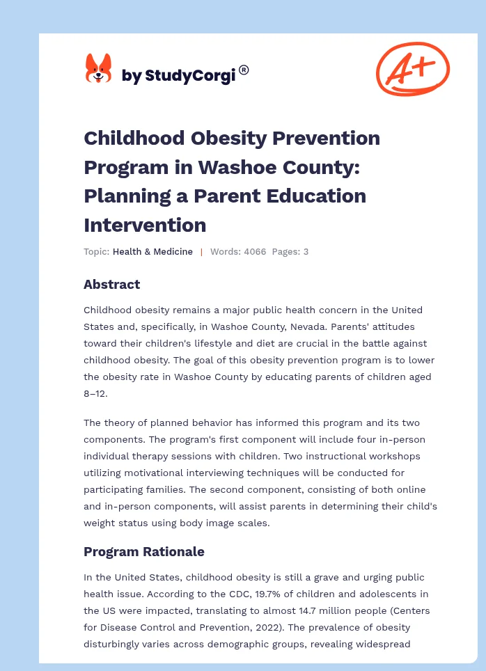 Childhood Obesity Prevention Program in Washoe County: Planning a Parent Education Intervention. Page 1
