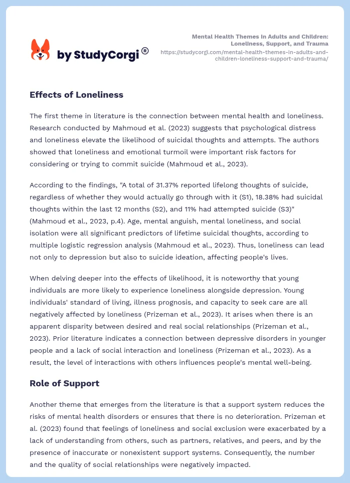 Mental Health Themes in Adults and Children: Loneliness, Support, and Trauma. Page 2