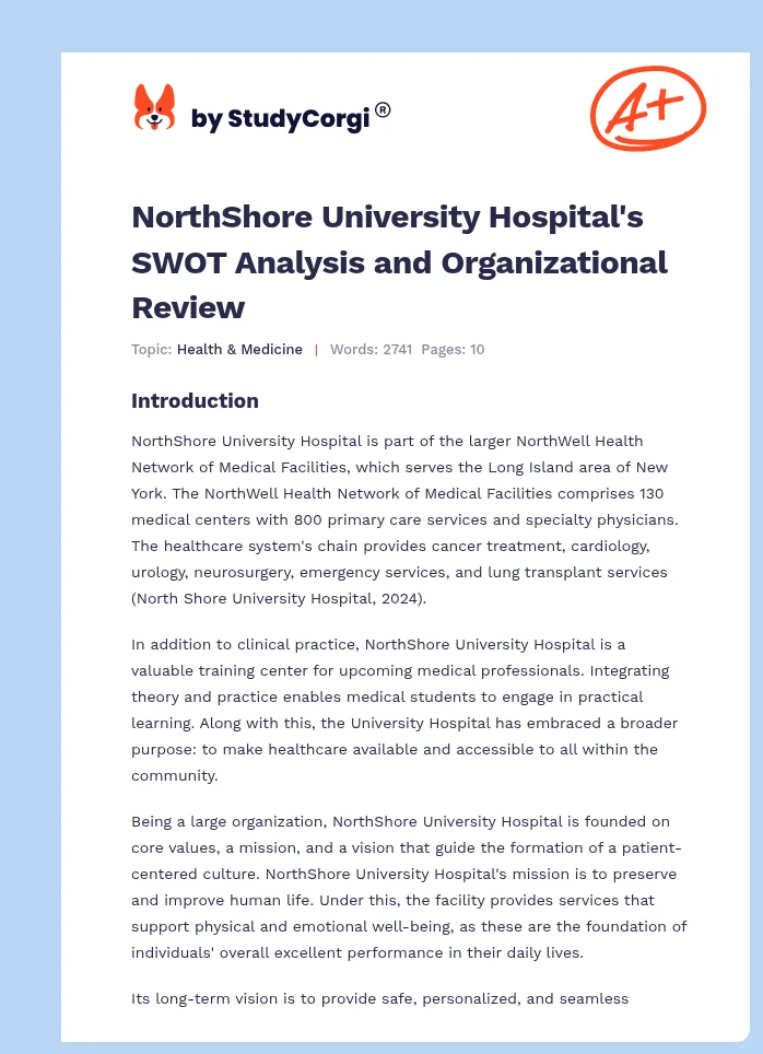 NorthShore University Hospital's SWOT Analysis and Organizational Review. Page 1