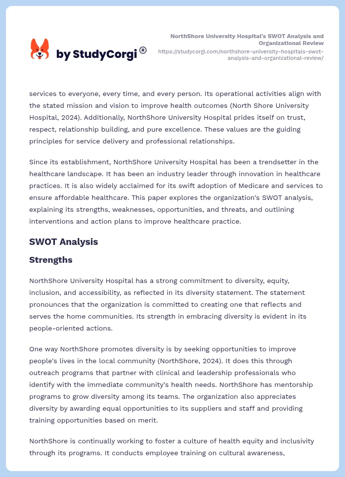 NorthShore University Hospital's SWOT Analysis and Organizational Review. Page 2