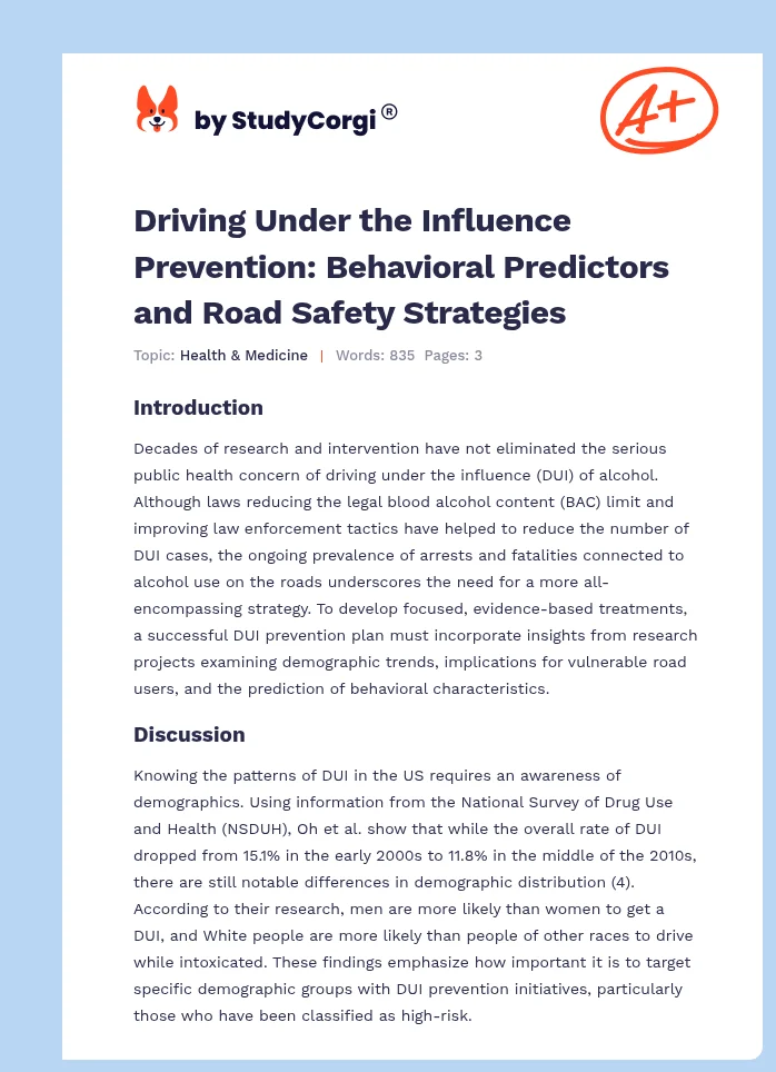 Driving Under the Influence Prevention: Behavioral Predictors and Road Safety Strategies. Page 1