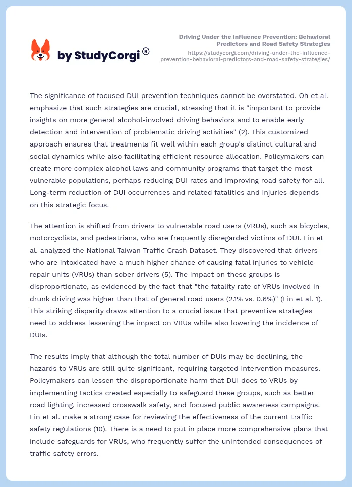 Driving Under the Influence Prevention: Behavioral Predictors and Road Safety Strategies. Page 2