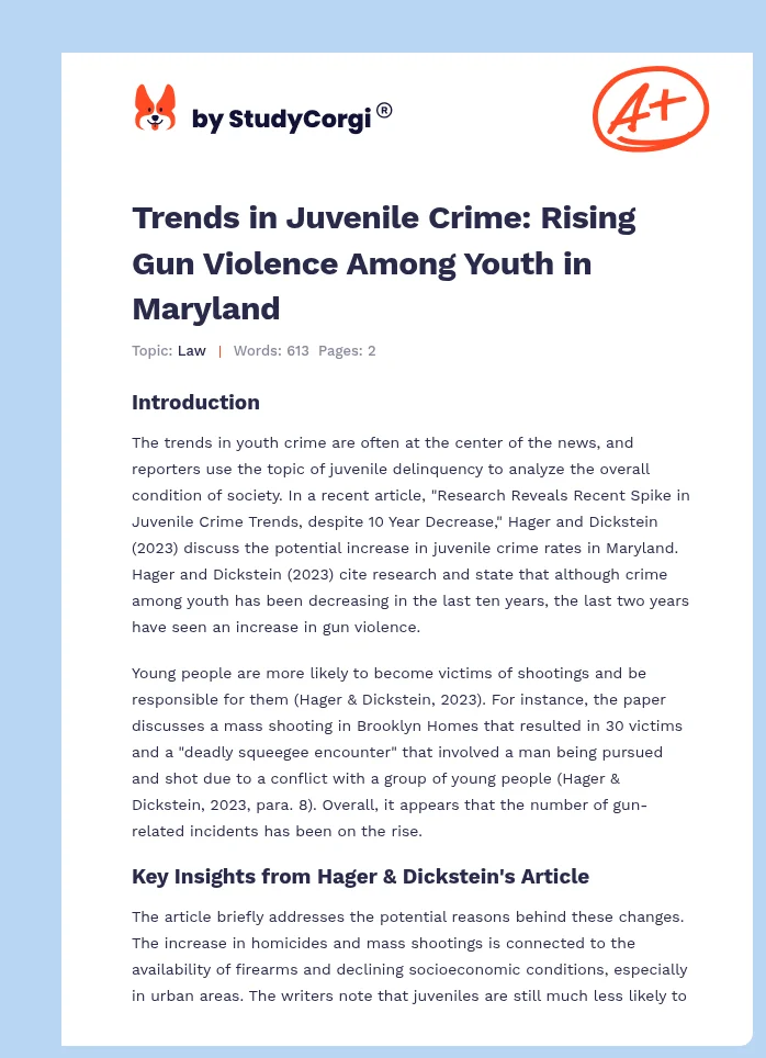 Trends in Juvenile Crime: Rising Gun Violence Among Youth in Maryland. Page 1