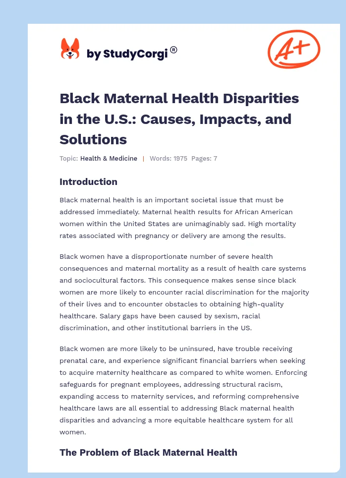 Black Maternal Health Disparities in the U.S.: Causes, Impacts, and Solutions. Page 1
