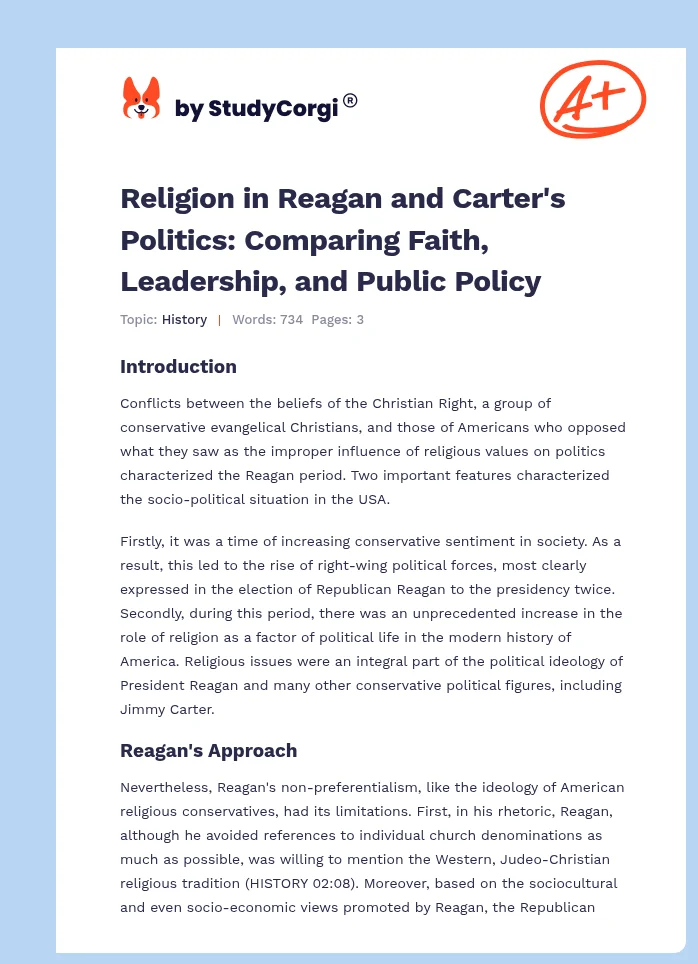 Religion in Reagan and Carter's Politics: Comparing Faith, Leadership, and Public Policy. Page 1
