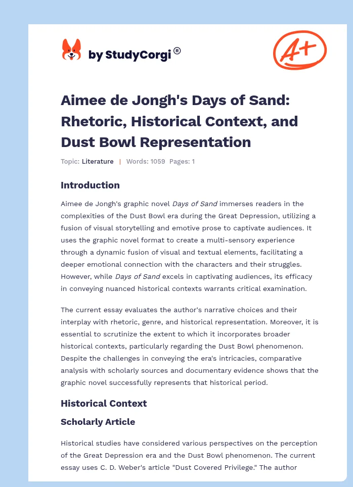 Aimee de Jongh's Days of Sand: Rhetoric, Historical Context, and Dust Bowl Representation. Page 1