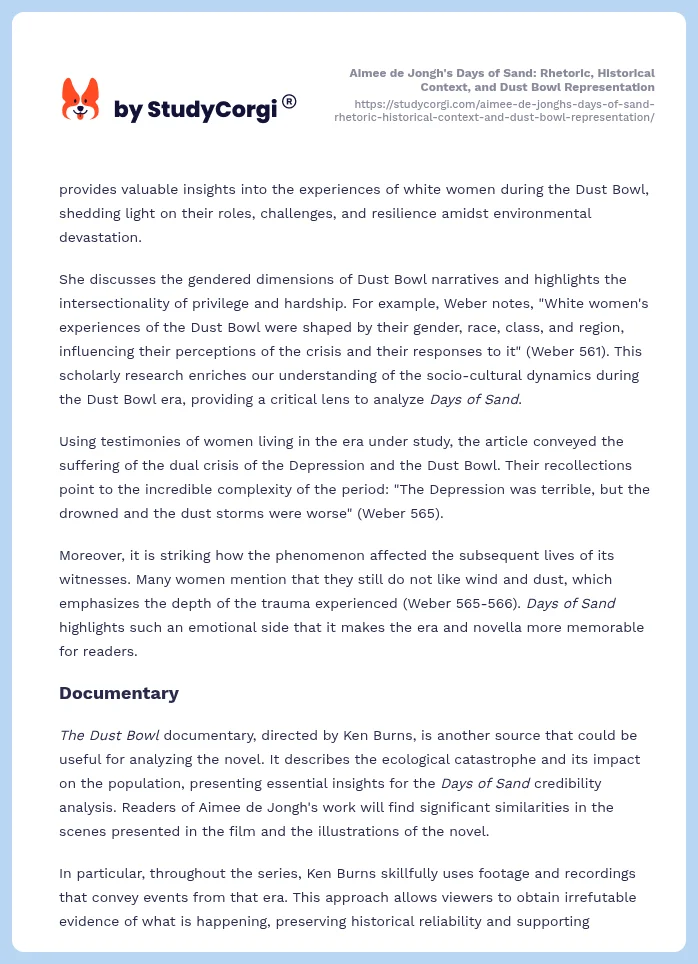 Aimee de Jongh's Days of Sand: Rhetoric, Historical Context, and Dust Bowl Representation. Page 2
