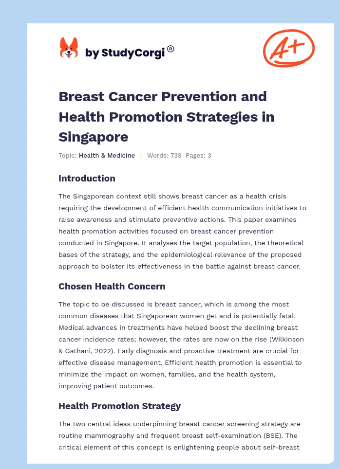 Breast Cancer Prevention and Health Promotion Strategies in Singapore. Page 1