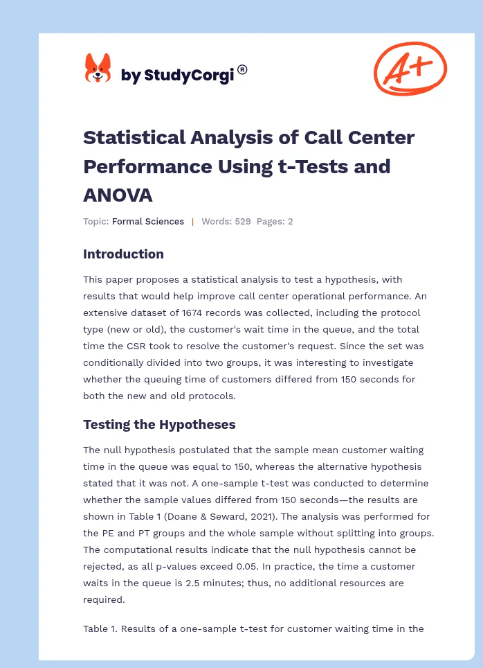 Statistical Analysis of Call Center Performance Using t-Tests and ANOVA. Page 1