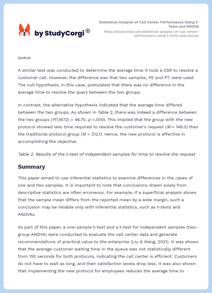 Statistical Analysis of Call Center Performance Using t-Tests and ANOVA. Page 2
