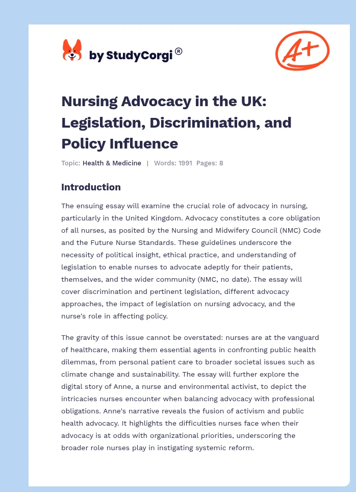Nursing Advocacy in the UK: Legislation, Discrimination, and Policy Influence. Page 1