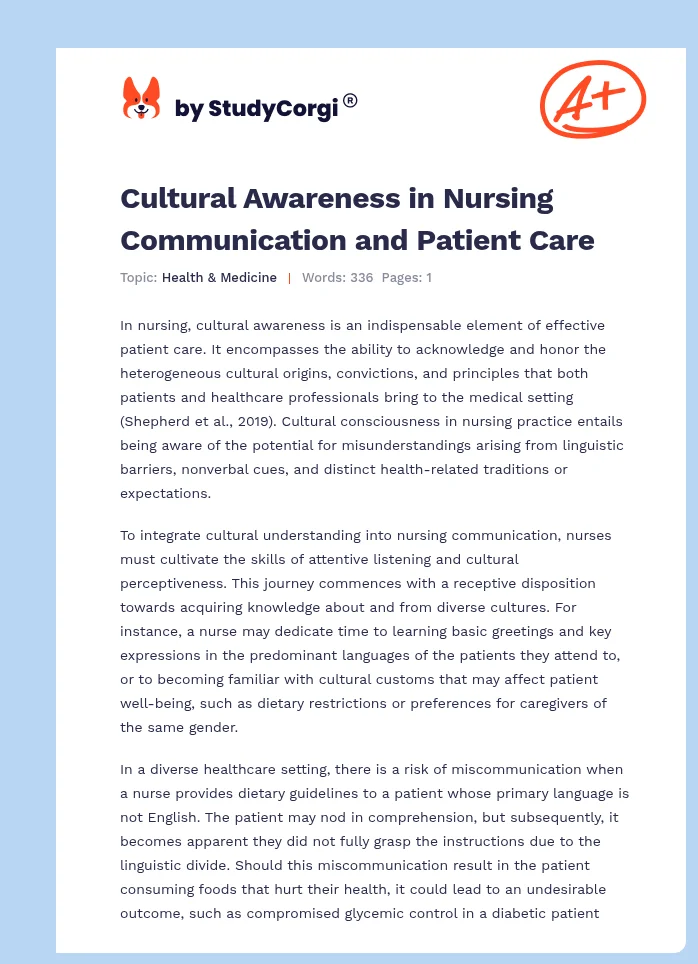Cultural Awareness in Nursing Communication and Patient Care. Page 1
