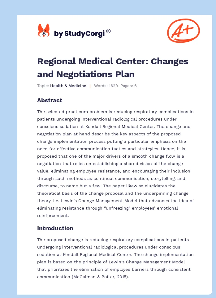 Regional Medical Center: Changes and Negotiations Plan. Page 1