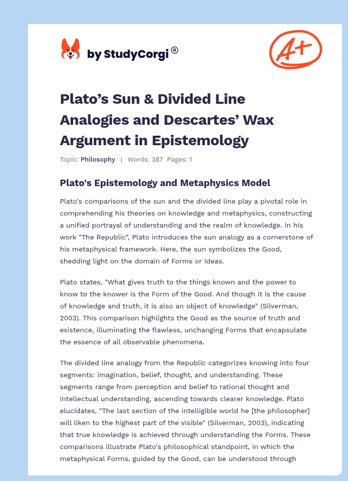 Plato’s Sun & Divided Line Analogies and Descartes’ Wax Argument in Epistemology. Page 1